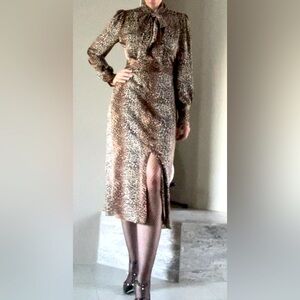 Equipment leopard print silk midi dress with bow, size 4.